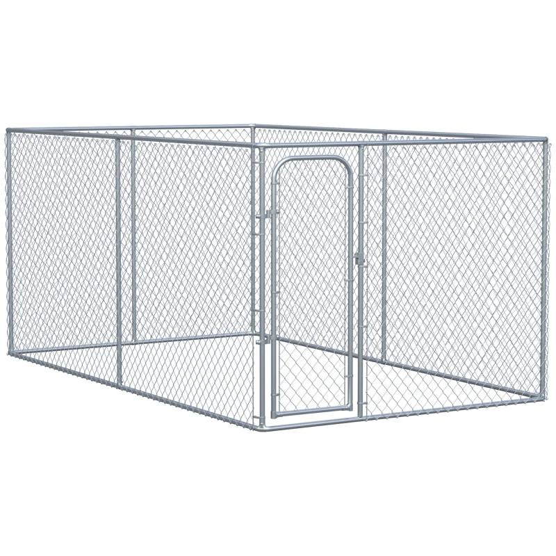 PawHut Dog Kennel Outdoor Galvanized Chain Link Fence Heavy Duty Pet Run House Chicken Coop with Secure Lock Mesh Sidewalls for Backyard Garden Silver, 13' L x 7.5' W x 5.9' H