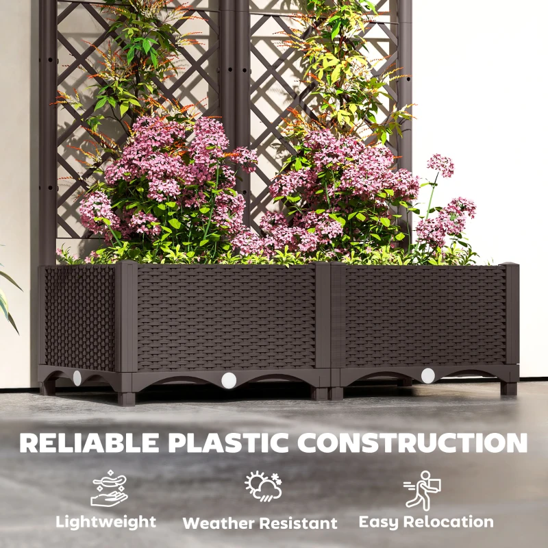 Outsunny Raised Garden Bed with Trellis, Plastic Raised Flower Bed with Drainage Holes and Drain Plugs
