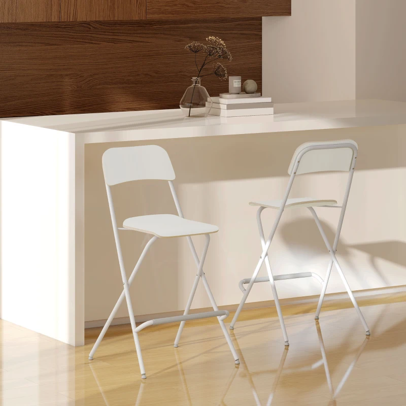 HOMCOM Folding Bar Stools Set of 2, Counter Height Foldable Stool with Wooden Effect Seat and Steel Frame for Kitchen, White