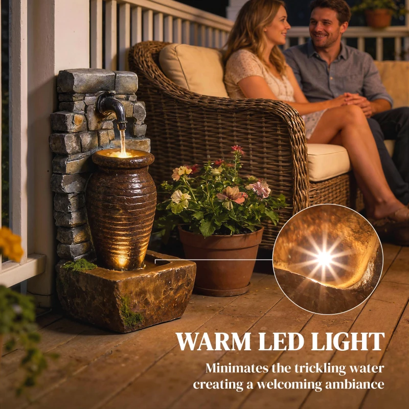 Outsunny Outdoor Water Fountain Adjustable Water Flow Garden Fountain with LED Lights Rustic Urn Design