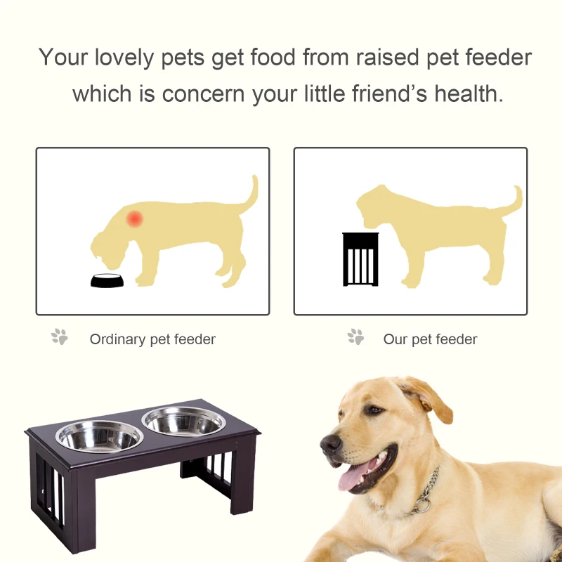 PawHut 10" Height Dog Feeding Station for Messy Pets, Stainless Steel Elevated Dog Bowls with Modern Wooden Frame, Dog Food Stand Pet Feeding Station, Dark Brown