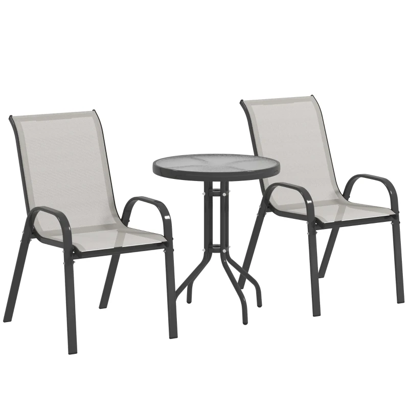 Outsunny 3 Pieces Bistro Set, Small Patio Furniture Set with Stackable Mesh Chairs, Glass Table for Garden, Balcony, Light Grey