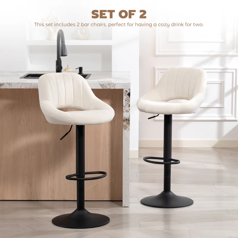 HOMCOM Bar Stools Set of 2, Swivel Counter Height Barstools with Adjustable Height and Cutout Back, Velvet Upholstered Bar Chairs with Round Metal Base and Footrest, Cream