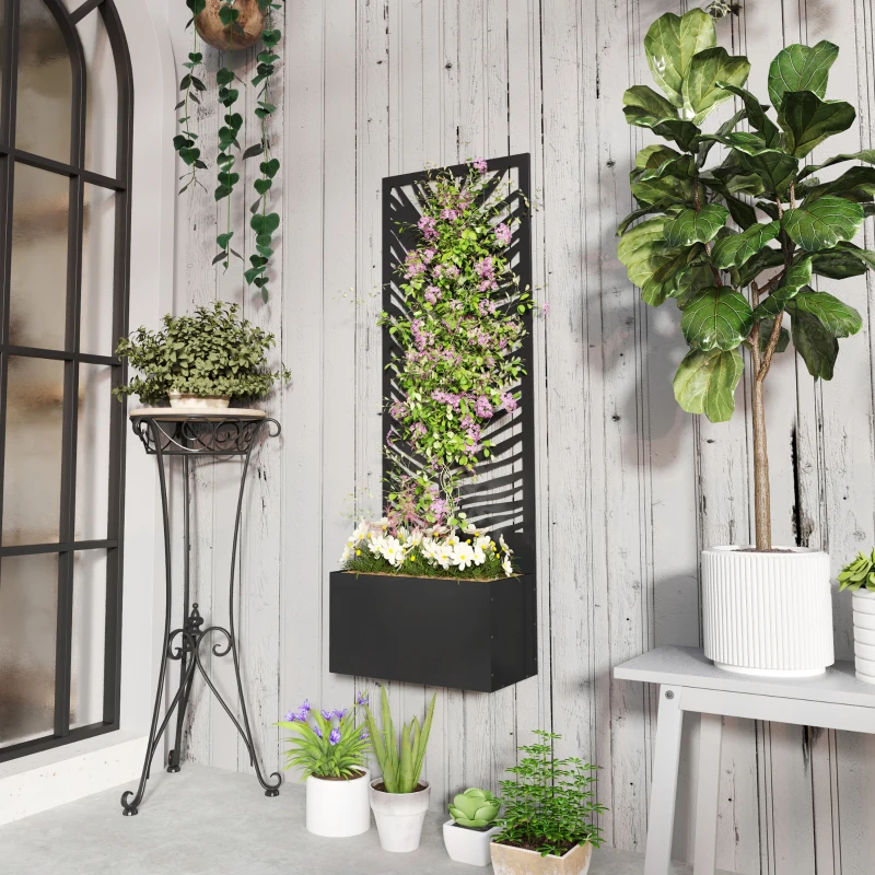 Outsunny Raised Garden Bed with Outdoor Privacy Screen, Metal Planter Box with Trellis, Wall-Mounted or Freestanding, Black