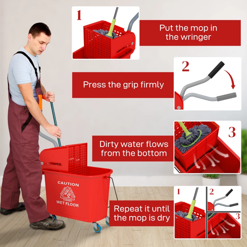 HOMCOM Compact Mop Bucket with Wringer, Mop Bucket on Wheels for Floor Cleaning, 5 Gallon, Separate Dirty and Clean Water, Red