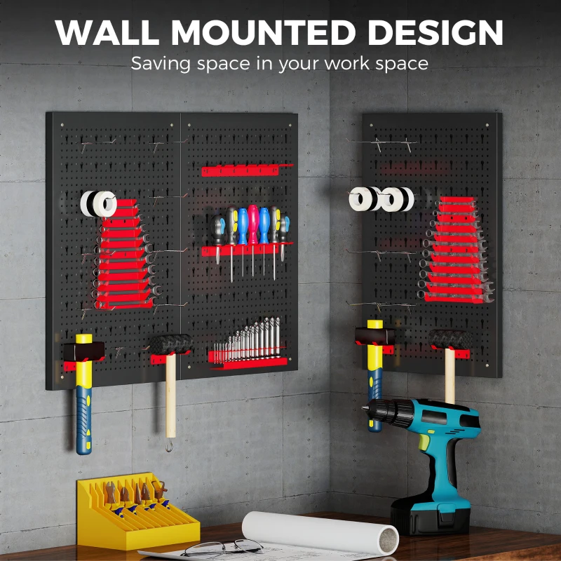 HOMCOM 28 Piece Metal Peg Board with Accessories, Shelf Tool Organizer, Black and Red