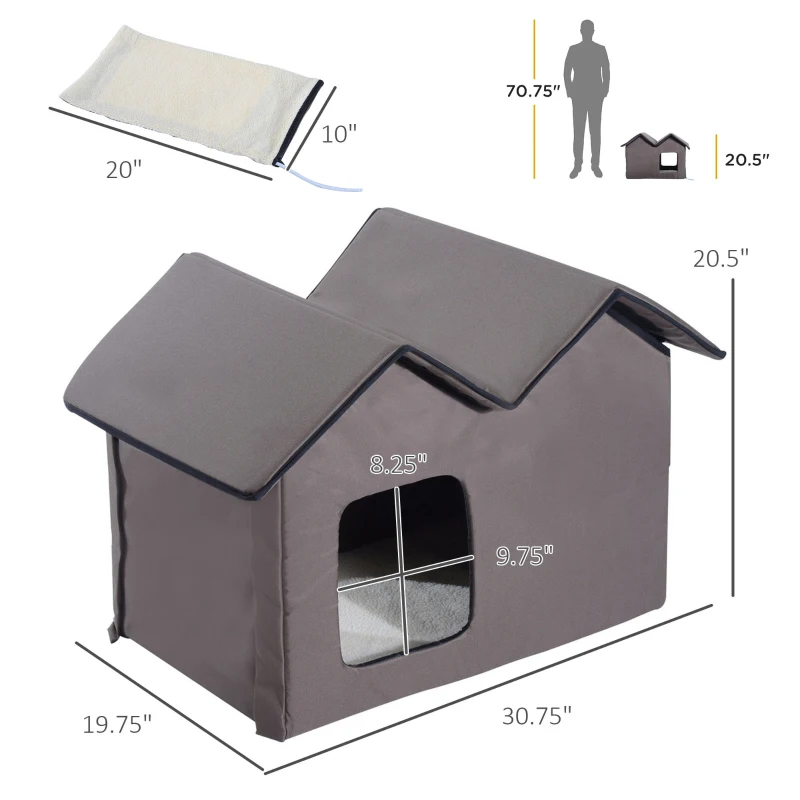 PawHut Double Heated Cat House Portable Indoor/Outdoor Kitty Shelter for Ferral Cat in Winter, Brown