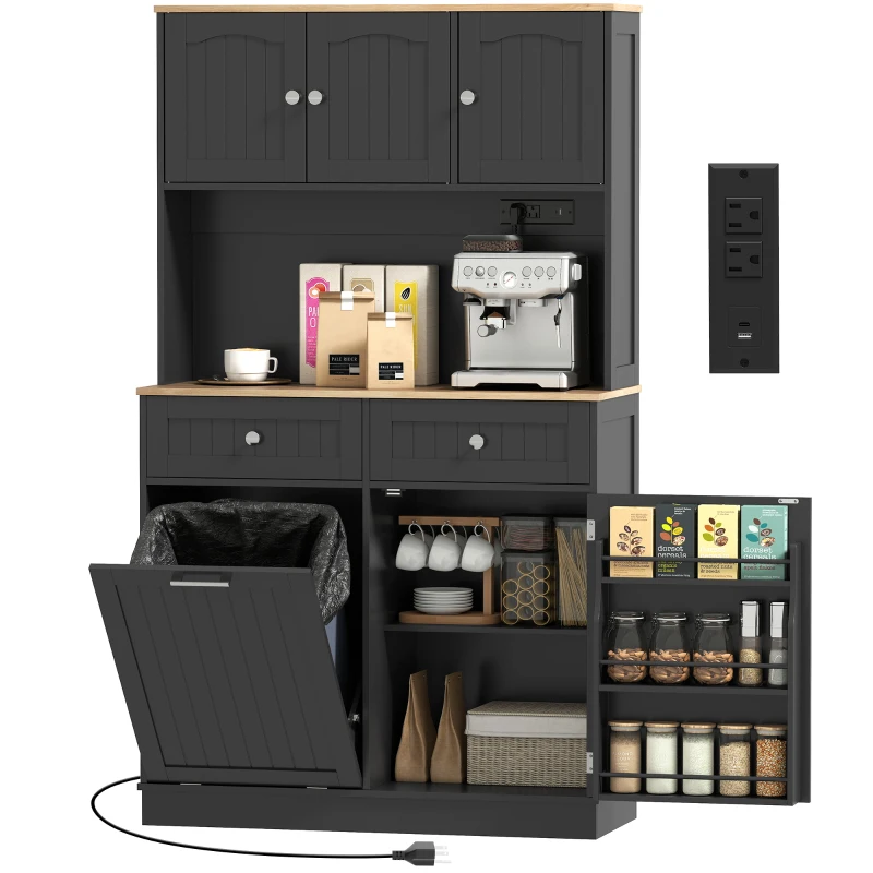 HOMCOM 68" Pantry Cabinet with Charging Station, Storage Cabinet with Microwave Stand, 10 Gallon Trash Can Cabinet, Black