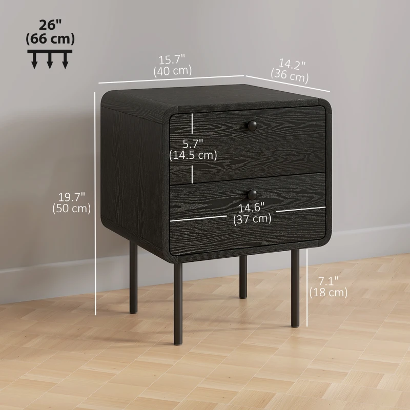 HOMCOM Modern Bedside Tables Set of 2, 2 Pieces Nightstands with 2 Storage Drawers and Steel Legs for Bedroom, Black Wood Grain