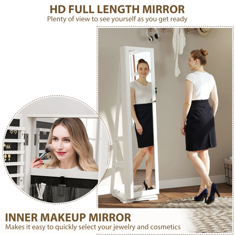 HOMCOM 360° Swivel Jewelry Armoire, Lockable Mirror Jewelry Cabinet with Built-In Small Mirror, White