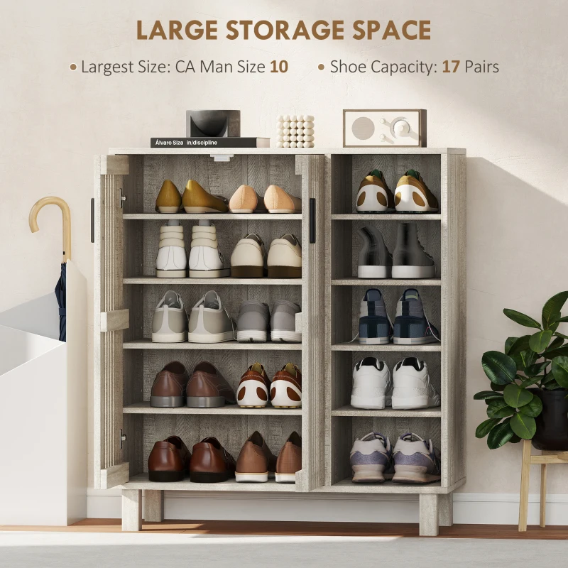 HOMCOM Shoe Storage with Double Doors and Open Shelves 17 Pair Shoe Storage Organizer for Entryway Hallway Light Grey