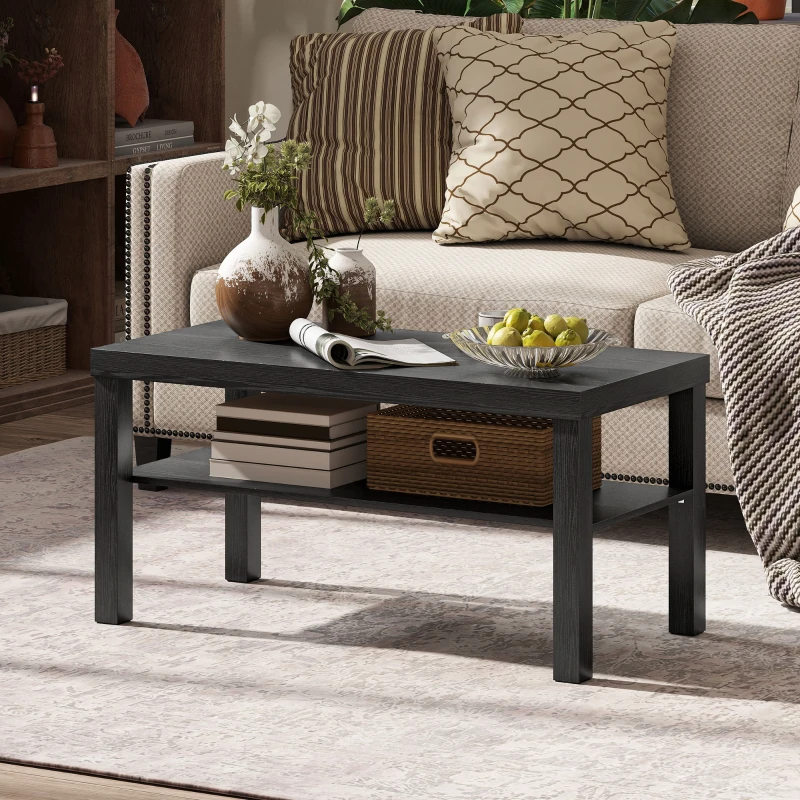 HOMCOM 2 Tier Coffee Table, Rectangular Center Table with Storage Shelf for Living Room, Home Office, Black