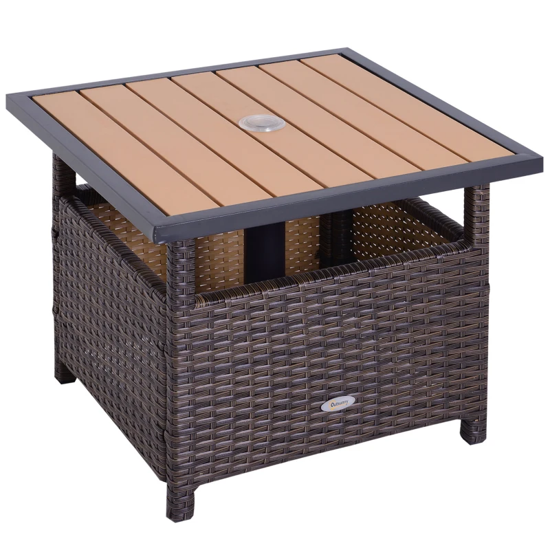 Outsunny 22" Square Steel PE Rattan Wicker Table With Umbrella Hole, Outdoor Patio Accent Dining Side Table Used as Umbrella Stand, Brown