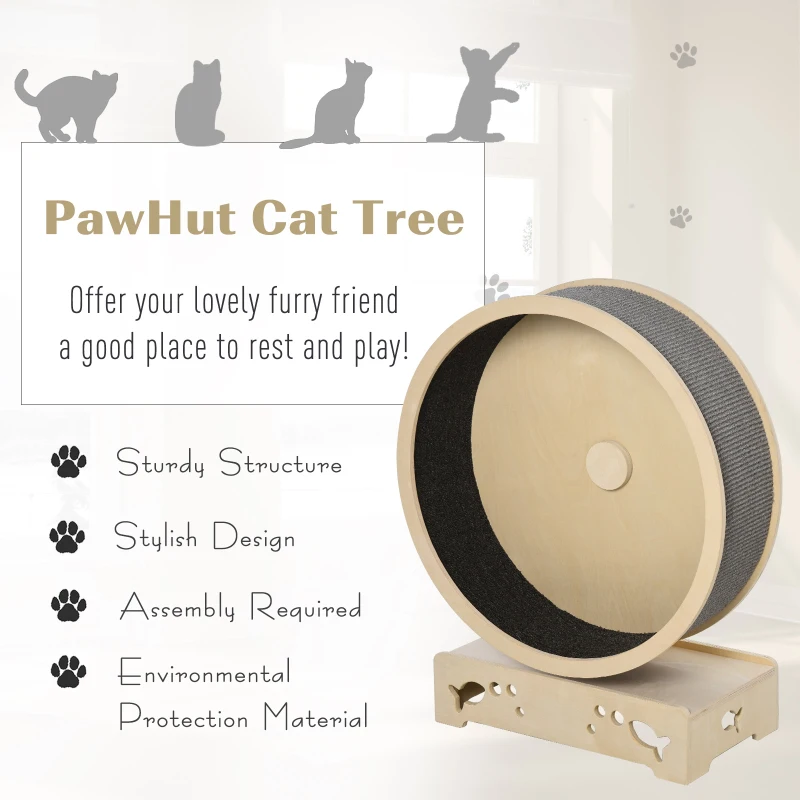 PawHut Round Hamster-Wheel Style Cat Exercise Wheel with Carpet Runway, Wooden Sisal-Covered with Unique Design Grey
