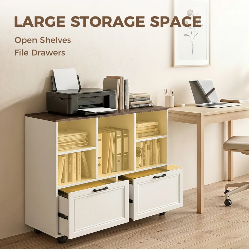 HOMCOM Lateral Mobile Filing Cabinet, 2 Drawer File Cabinet with Wheels, Adjustable Hanging Bars, Walnut and White