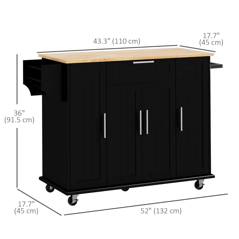 HOMCOM Modern Rolling Kitchen Island Cart with Drawers, Natural Wood Top, Towel Rack, Door Storage Cabinet, Black