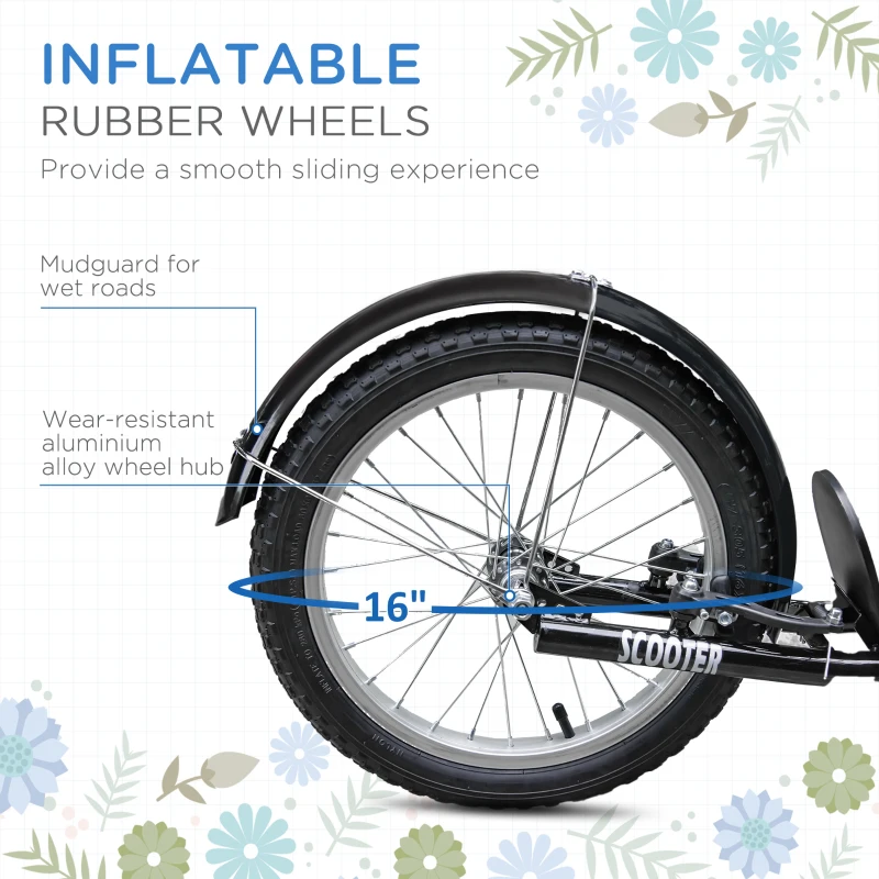 Aosom Kick Scooter with Adjustable Handlebar, Kids Scooter with 2 Brakes Basket Cupholder 16" Inflatable Rubber Tyres Blue
