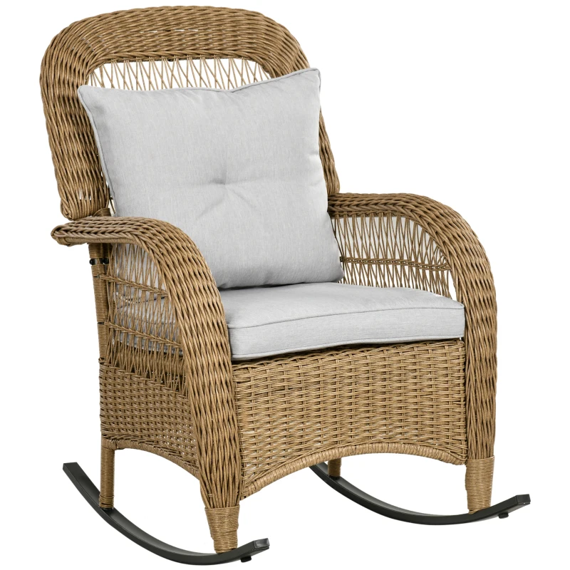 Outsunny Rattan Rocking Chair w/ Cushion, Garden Porch Furniturew, Light Grey