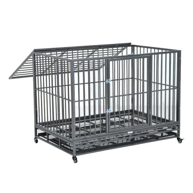 PawHut 48" Heavy Duty Steel Dog Crate Kennel Pet Cage w/ Wheels - Grey Vein