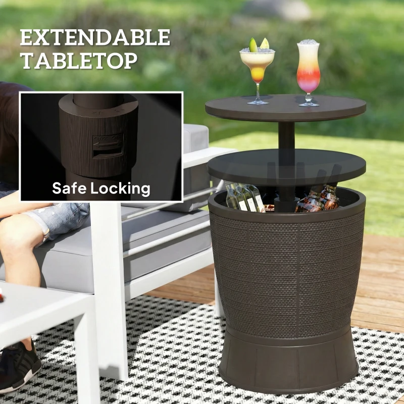 Outsunny 11 Gallon Patio Cooler Side Table, Outdoor Cooler Bar Table with Height Adjustable Top, Drainage Plug, Brown