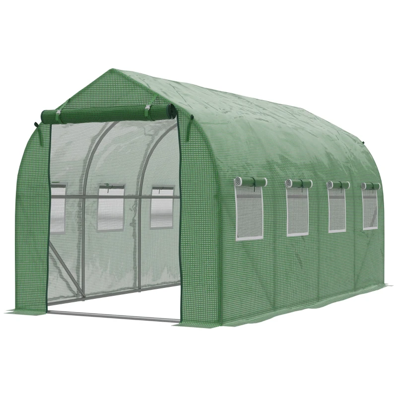Outsunny 12.5' x 6.3' x 6.4' Steeple Walk-in Tunnel Greenhouse Garden Plant Seed Grow Tent Polythene with Windows and Door Green
