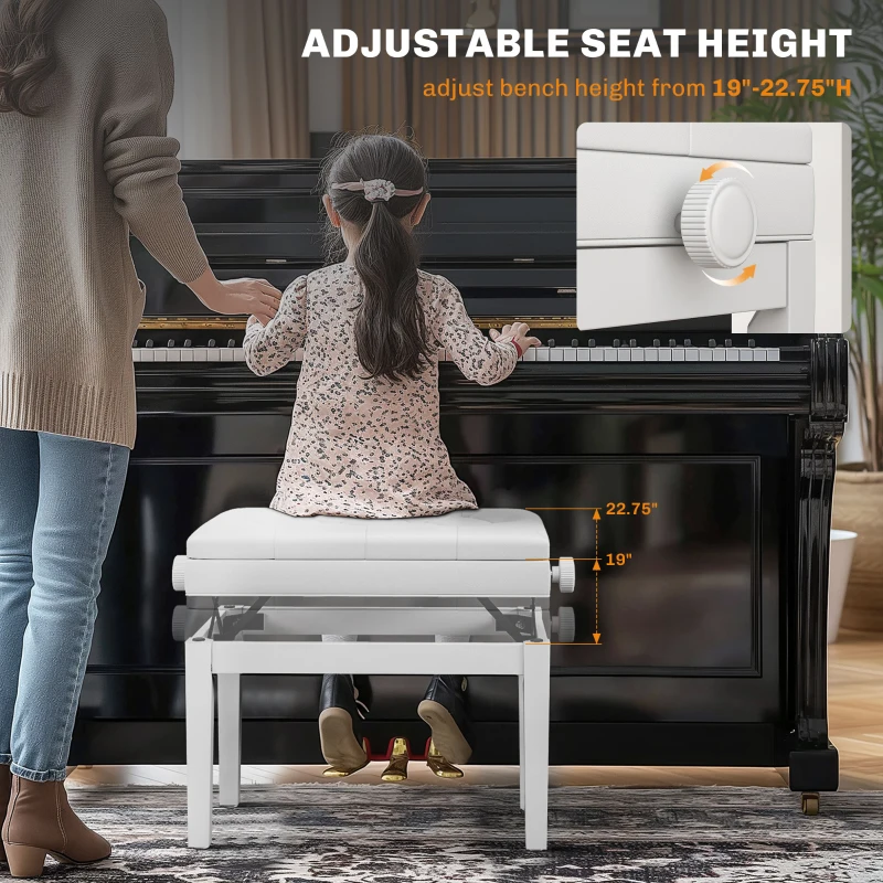 HOMCOM Adjustable Piano Bench with Storage and Soft PU Leather Padded, with Enough Music Storage Design, White