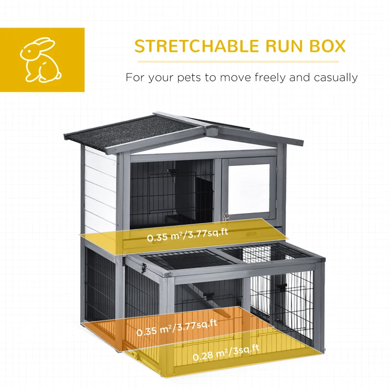 PawHut Wooden 2 Story Rabbit Hutch Bunny Cage with Slide-Out Run, Openable Roof, Lockable Doors, Ramp and No Leak Tray for Outdoor, Grey, and White