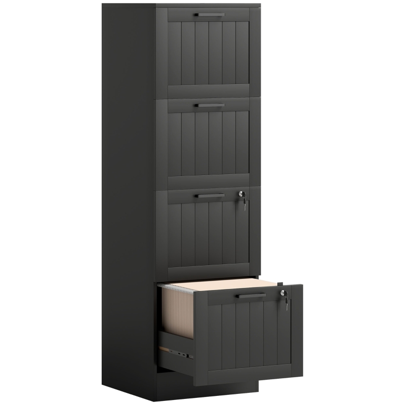 HOMCOM 4 Drawer Filing Cabinet with Lock, Office Storage Cabinet with Adjustable Hanging Bars for A4 Letter Size Files, Black