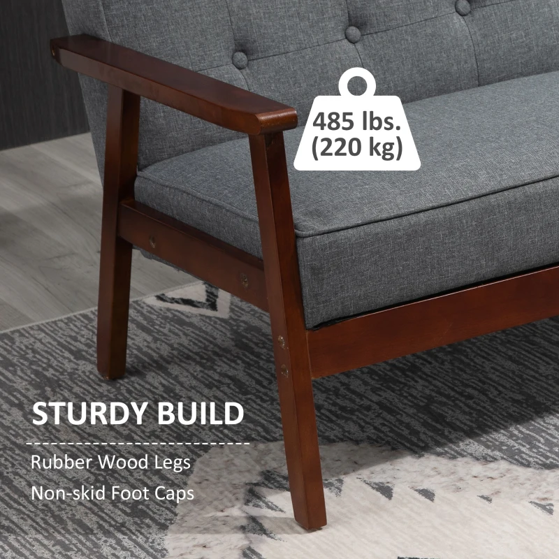 HOMCOM 44.5" 2 Seat Sofa for Bedroom, Modern Upholstered Loveseat with Button Tufted Back and Wood Legs, Grey