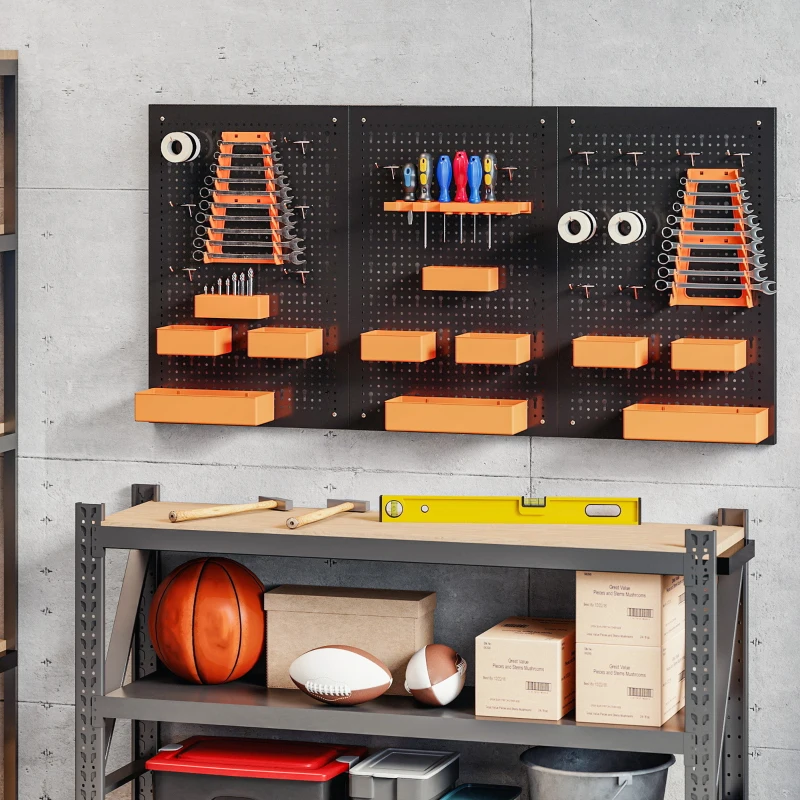 HOMCOM 33 Piece Metal Pegboard Panels, Peg Board with 16 Hooks, Bins and Racks, Black and Orange
