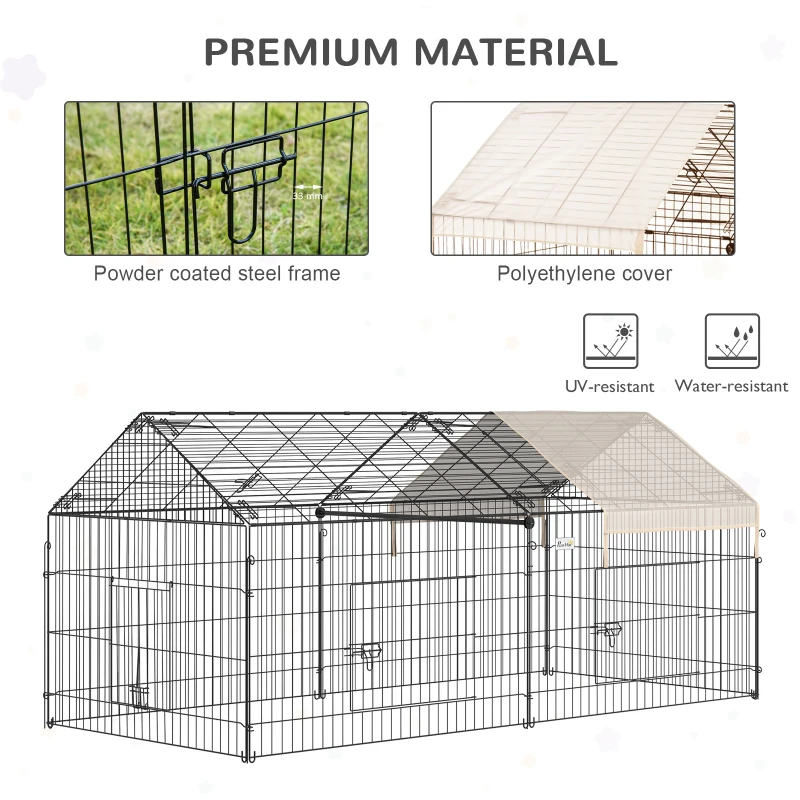 PawHut Metal Chicken Coop, 87" x 41" x 41" Chicken Run Pen for Yard with Cover, Portable Catio Poultry Cage Indoor Outdoor Backyard, Cat Cage for Rabbit, Duck, Hen, Small Animal, Chinchillas, Beige