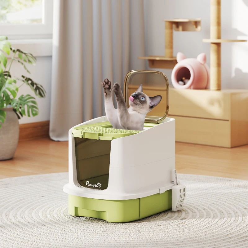 PawHut Enclosed Cat Litter Box with Lid, Scoop, Top Entry, Deodorization Bags, Drawer Type Cat Litter Tray, Easy to Clean, Green