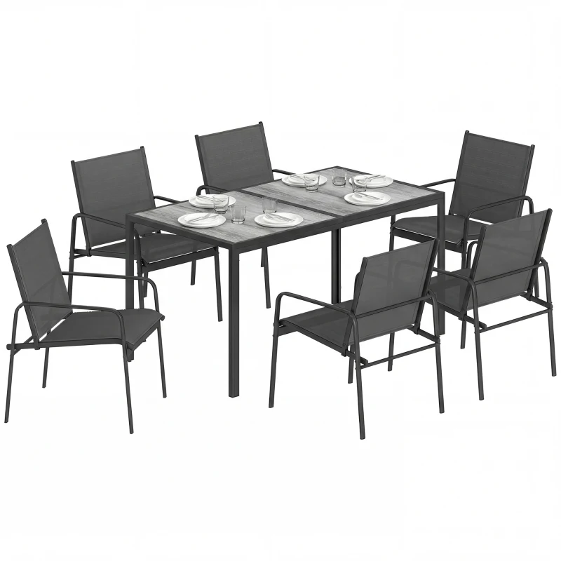 Outsunny Outdoor Dining Set for 6, Faux Wood Patio Table and Chairs with Breathable Mesh Seat, Galvanized Steel Frame, Black