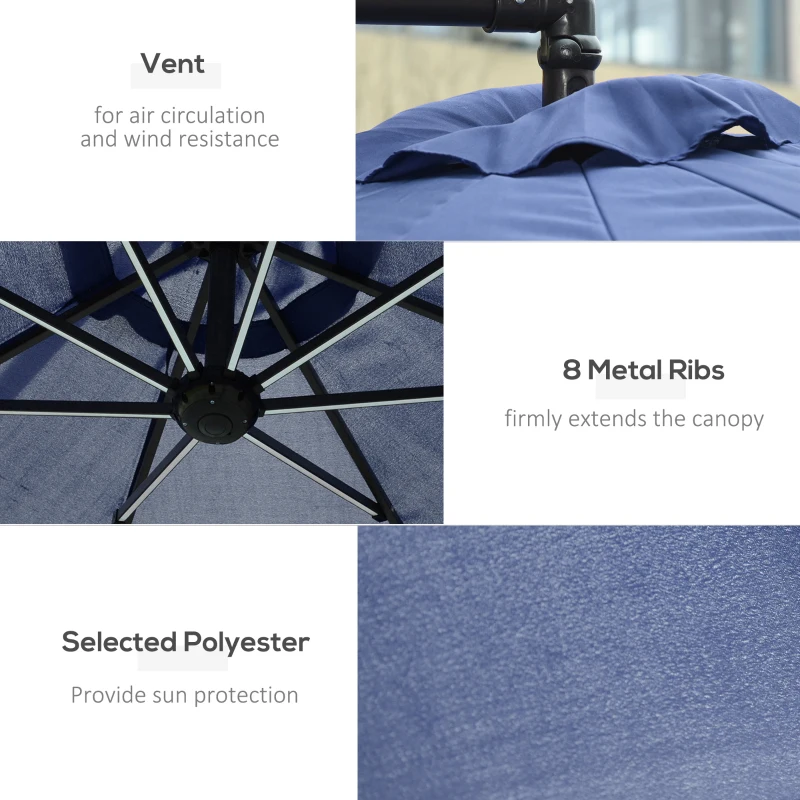 Outsunny 10ft Cantilever Solar Hanging Offset Umbrella Outdoor LED Lights Aluminum Market Banana Parasol Crank w/ Cross Base Garden Sun Shelter Blue