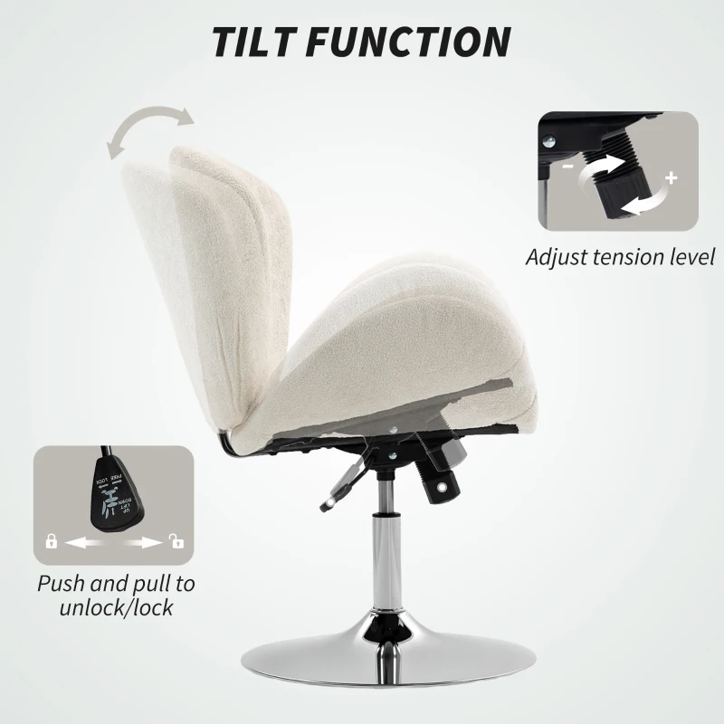 HOMCOM Swivel Office Chair, Velvet Desk Chair with Wide Bucket Seat, Butterfly Back, Tilt Function and Round Base, Cream White