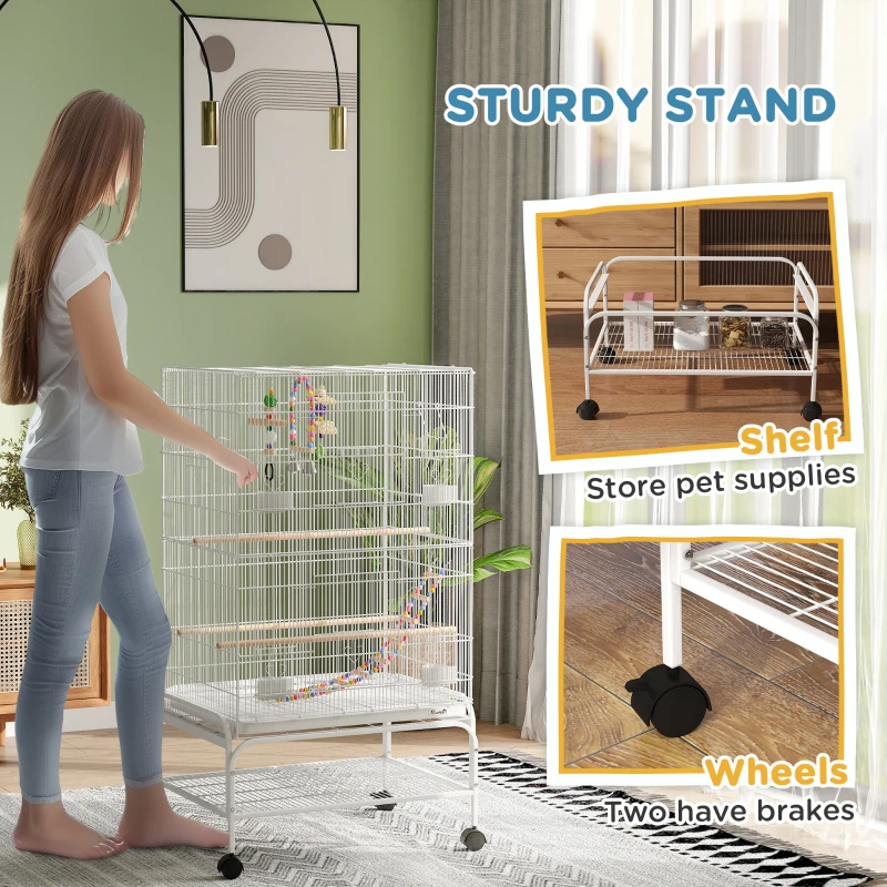 PawHut 43" Bird Cage with Rolling Stand, Toys, for Budgies Canaries White