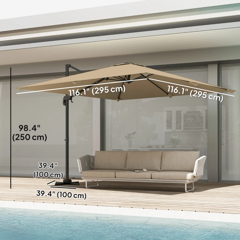 Outsunny 10 FT Cantilever Patio Umbrella, Square Patio Umbrella with Crank Handle, Cross Base and Tilt, 360° Rotation