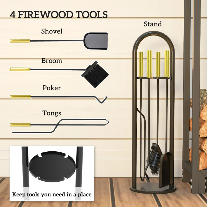 Outsunny Fireplace Tools Set, 5 Pieces Fireside Accessories with Brush, Shovel, Poker, A Pair of Tongs, Stand, Gold