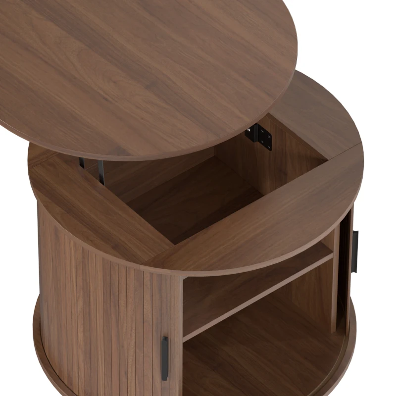 HOMCOM Lift Top Coffee Table, Modern Fluted Round Coffee Table with Layered Storage and Tambour Sliding Door, Walnut Brown