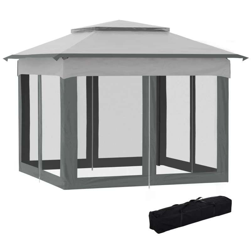 Outsunny 11' x 11' Pop Up Canopy, Outdoor Canopy Shelter Event Tent with 2-Tier Soft Top, Removable Zipper Netting, and Storage Bag, for Patio, Backyard, Garden, Light Grey