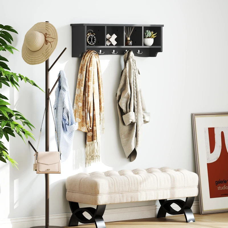 HOMCOM Coat Rack Wall Mount with Shelf, 28" Wall Coat Rack with 5 Hooks and 4 Compartments for Living Room, Entryway, Black