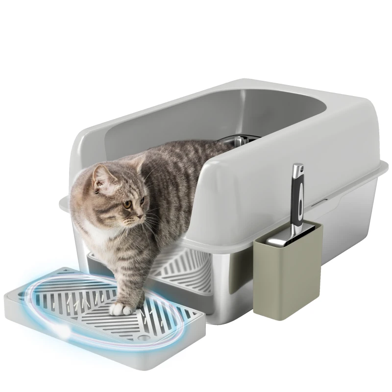 PawHut High Sided Stainless Steel Litter Box with Metal Scoop & Scoop Holder, for Easy Clean& Anti-Urine Leakage, Light Gray