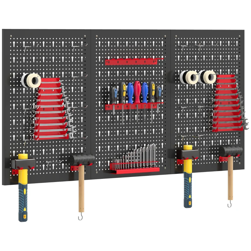 HOMCOM 28 Piece Metal Peg Board with Accessories, Shelf Tool Organizer, Black and Red