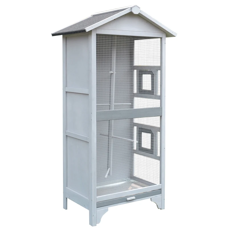 PawHut 60" Wooden Outdoor Bird Cage for Finches, Parakeet, Large Bird Cage with Removable Bottom Tray 4 Perch, Light Gray