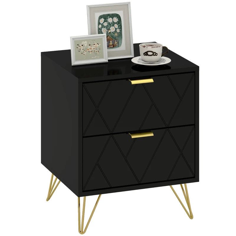 HOMCOM Modern Bedside Table, Accent Nightstand with 2 Drawers, Bed End Table for Bedroom, Black