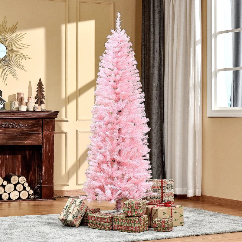 HOMCOM 6FT Pop-up Artificial Christmas Tree Holiday Xmas Holiday Pencil Tree Decoration with Automatic Open for Home Party, Pink
