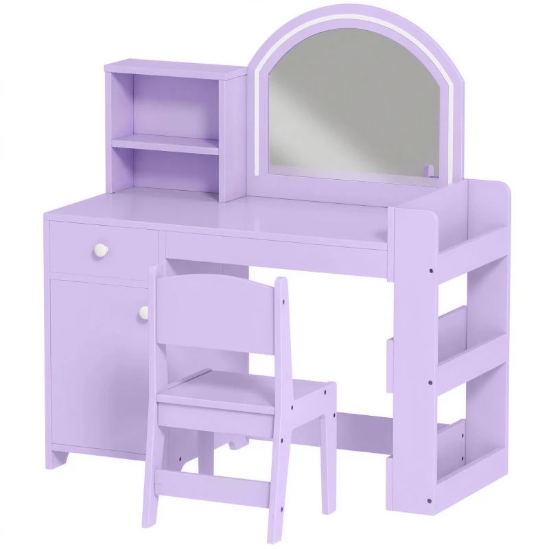 Qaba Kids Vanity Set, Toddler Dressing Table and Chair Set  with Lighted Mirror, Cabinet, Drawer and Shelves, Purple