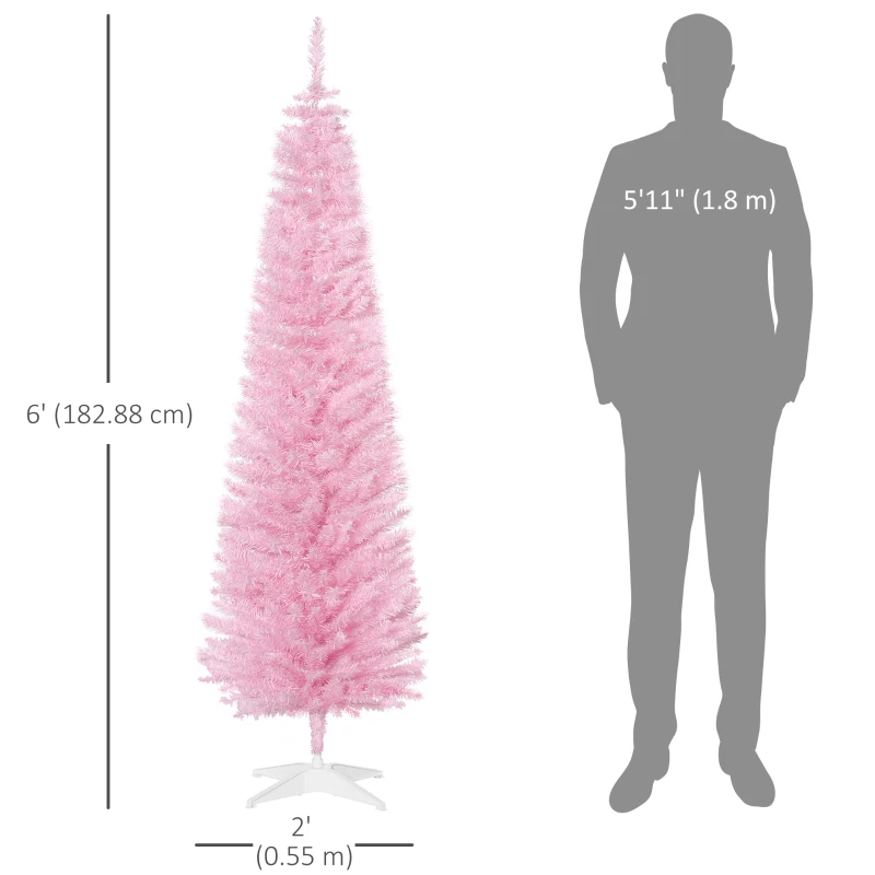 HOMCOM 6' Pencil Christmas Tree, Slim Artificial Xmas Tree with Realistic Branches, Sturdy Metal Stand, Pink