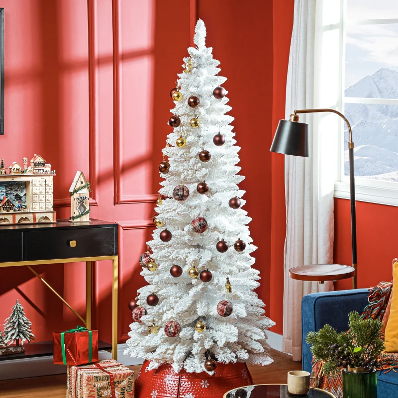HOMCOM 6ft White Christmas Tree, Flocked Pencil Christmas Tree with 376 Branch Tips and Metal Base for Home, Indoor, Holiday