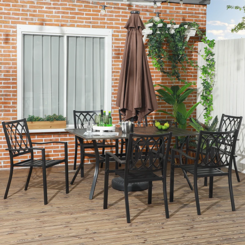 Outsunny 7 Pieces Outdoor Dining Set for 6 with Stackable Chairs with Wood Grain Top, for Garden, Patio, Backyard, Brown
